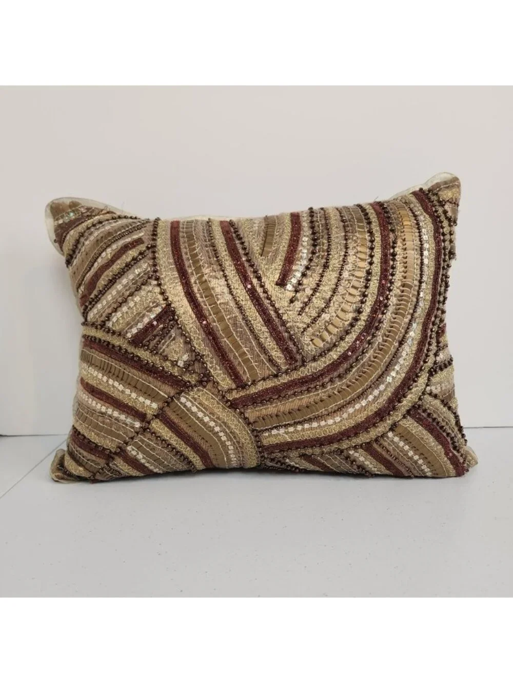 Pier 1 Brown Gold Beaded Sequin Throw Pillow Rectangle Home Decor